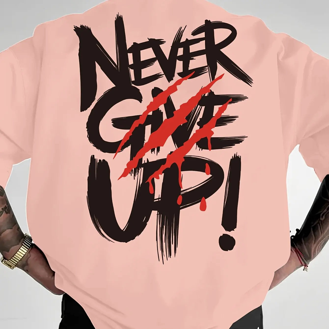 Men's summer 100% pure cotton fashionable casual loose never give up graphic printed round neck short sleeved T-shirt top