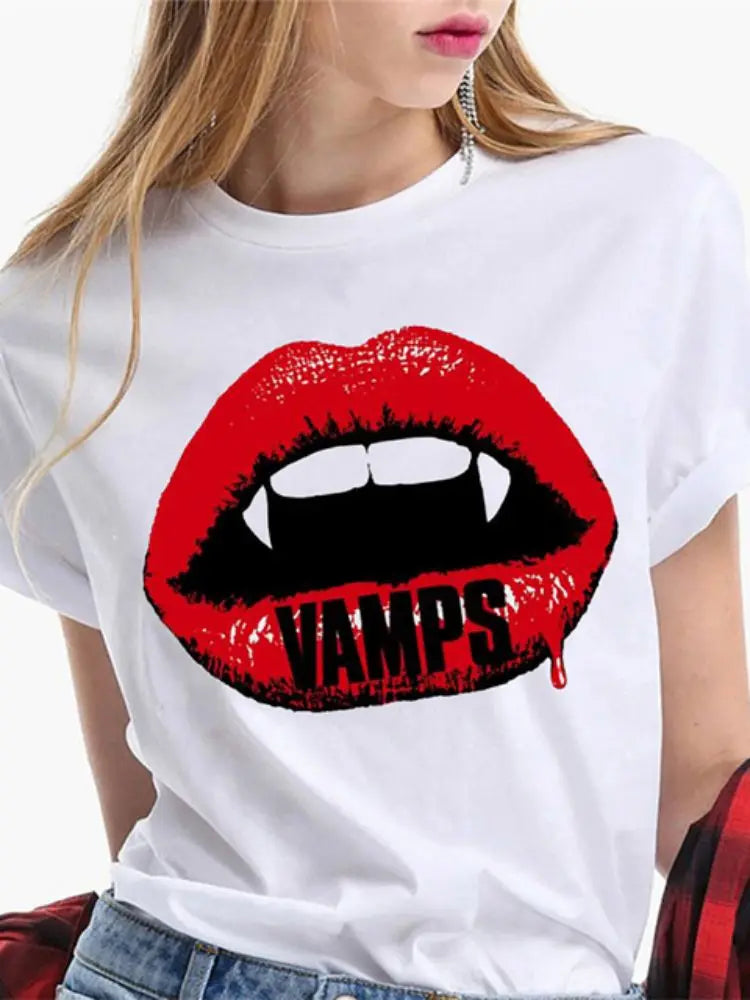 Fashion Sexy Red Lip Women T Shirt Funny Kiss Lips Print Ladies T-shirt Casual Basis O-collar Short Sleeves Female Tops Tees