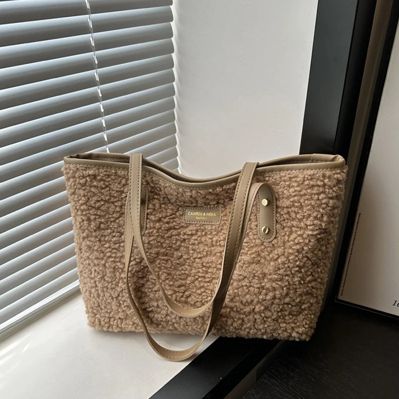 Soft Handbag Large Capacity Fall Winter Shoulder Bag Women Lamb Wool Tote Bag Zipper Closure Casual Shopping Traveling Tote