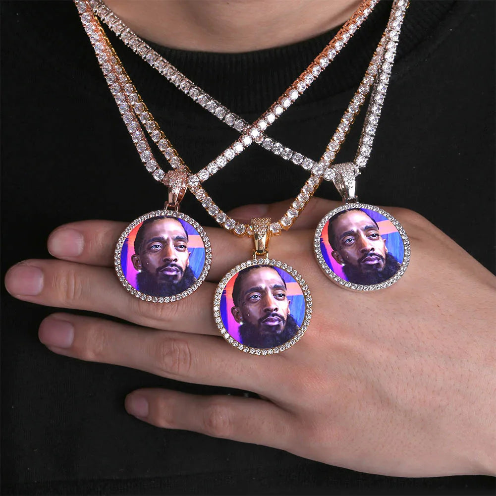 Ice Out DIY Photo Memory Medallions Pendant Necklaces Hip Hop Sublimation Cubic Zircon Round Pictures Charms Unisex Mens Jewelry