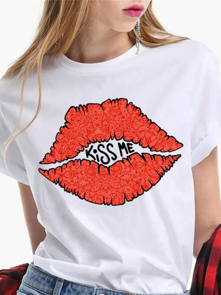 Fashion Sexy Red Lip Women T Shirt Funny Kiss Lips Print Ladies T-shirt Casual Basis O-collar Short Sleeves Female Tops Tees