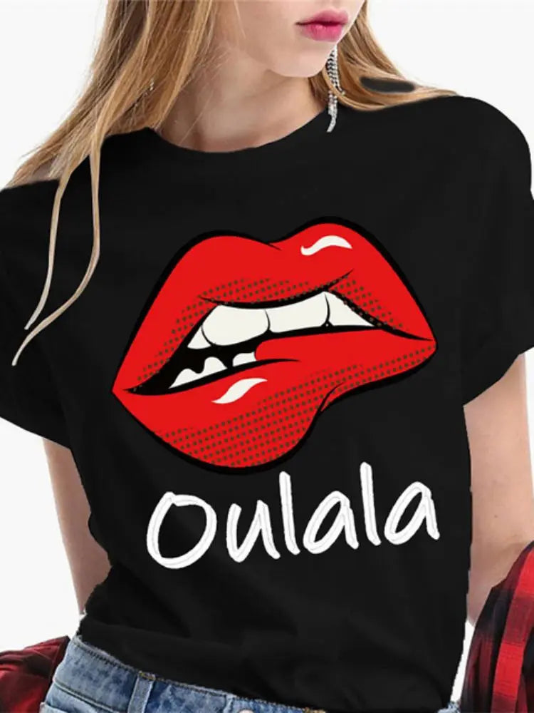 Fashion Sexy Red Lip Women T Shirt Funny Kiss Lips Print Ladies T-shirt Casual Basis O-collar Short Sleeves Female Tops Tees