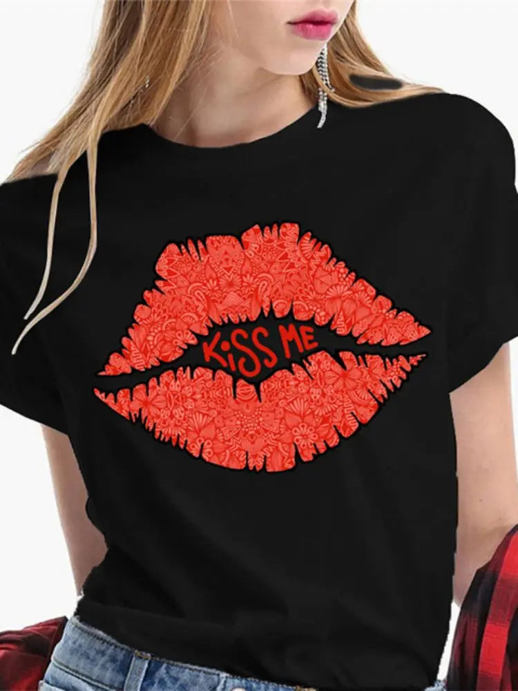 Fashion Sexy Red Lip Women T Shirt Funny Kiss Lips Print Ladies T-shirt Casual Basis O-collar Short Sleeves Female Tops Tees