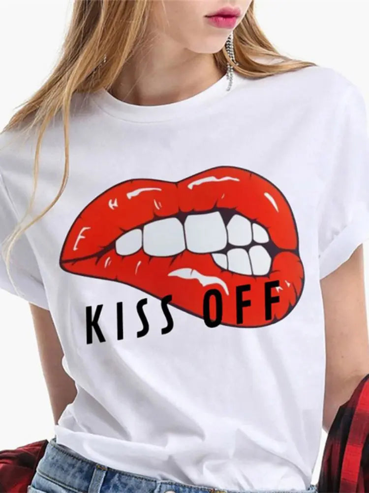 Fashion Sexy Red Lip Women T Shirt Funny Kiss Lips Print Ladies T-shirt Casual Basis O-collar Short Sleeves Female Tops Tees