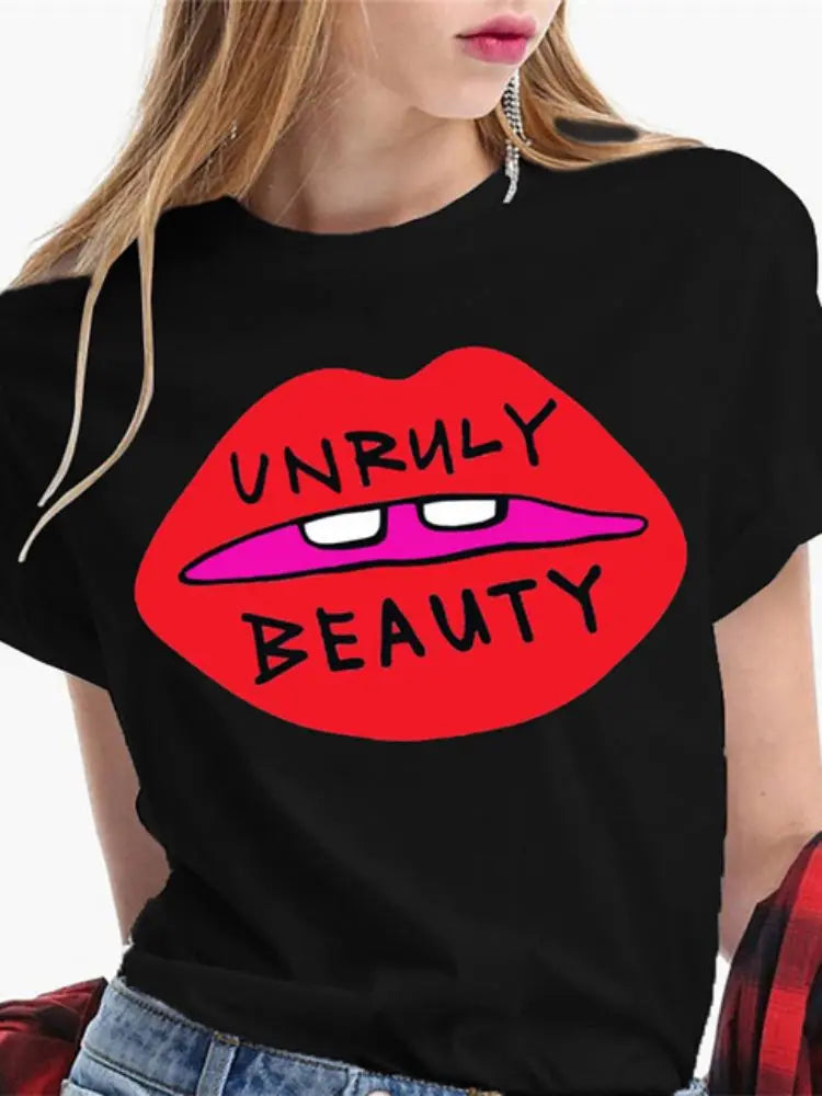 Fashion Sexy Red Lip Women T Shirt Funny Kiss Lips Print Ladies T-shirt Casual Basis O-collar Short Sleeves Female Tops Tees