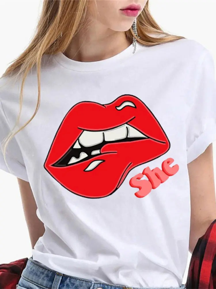 Fashion Sexy Red Lip Women T Shirt Funny Kiss Lips Print Ladies T-shirt Casual Basis O-collar Short Sleeves Female Tops Tees
