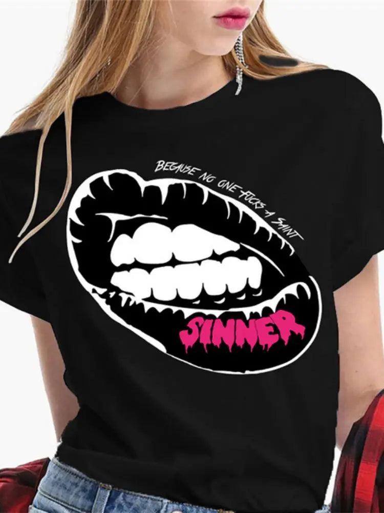 Fashion Sexy Red Lip Women T Shirt Funny Kiss Lips Print Ladies T-shirt Casual Basis O-collar Short Sleeves Female Tops Tees