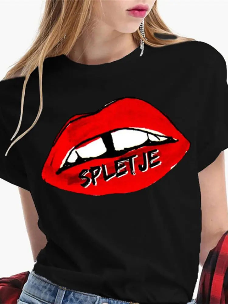 Fashion Sexy Red Lip Women T Shirt Funny Kiss Lips Print Ladies T-shirt Casual Basis O-collar Short Sleeves Female Tops Tees
