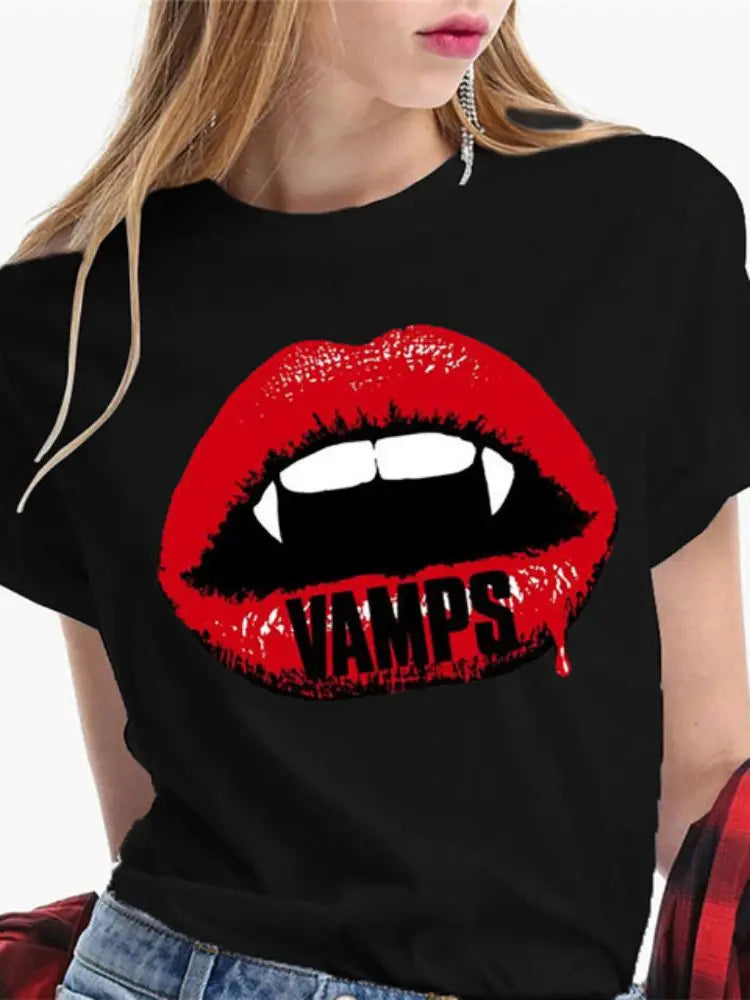 Fashion Sexy Red Lip Women T Shirt Funny Kiss Lips Print Ladies T-shirt Casual Basis O-collar Short Sleeves Female Tops Tees
