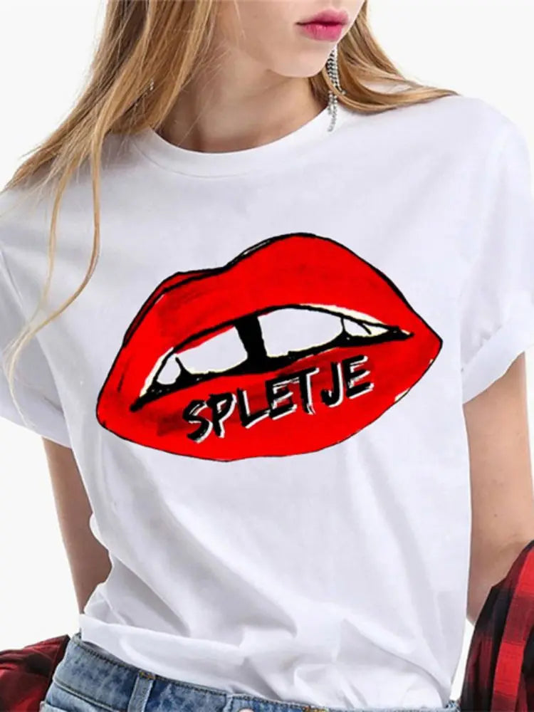 Fashion Sexy Red Lip Women T Shirt Funny Kiss Lips Print Ladies T-shirt Casual Basis O-collar Short Sleeves Female Tops Tees
