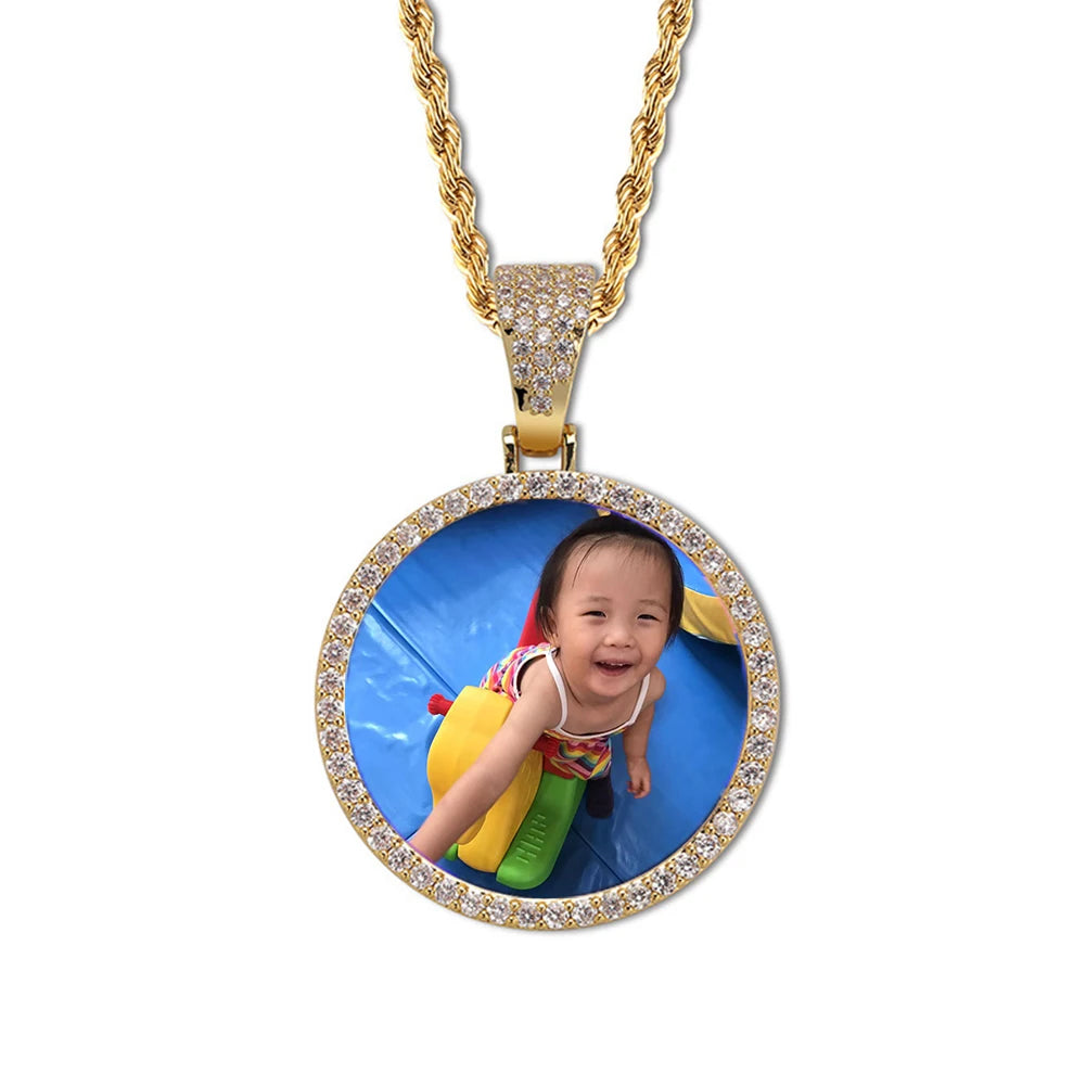 Ice Out DIY Photo Memory Medallions Pendant Necklaces Hip Hop Sublimation Cubic Zircon Round Pictures Charms Unisex Mens Jewelry