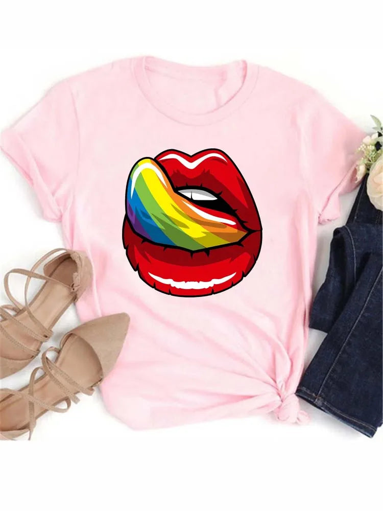 Fashion Sexy Red Lip Women T Shirt Funny Kiss Lips Print Ladies T-shirt Casual Basis O-collar Short Sleeves Female Tops Tees