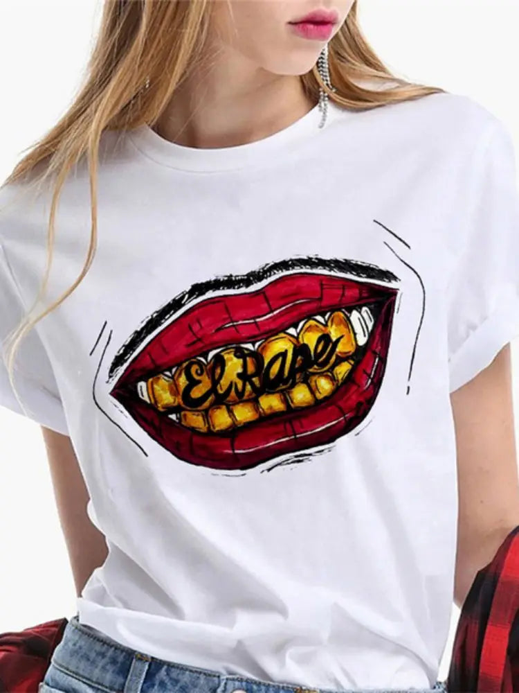 Fashion Sexy Red Lip Women T Shirt Funny Kiss Lips Print Ladies T-shirt Casual Basis O-collar Short Sleeves Female Tops Tees