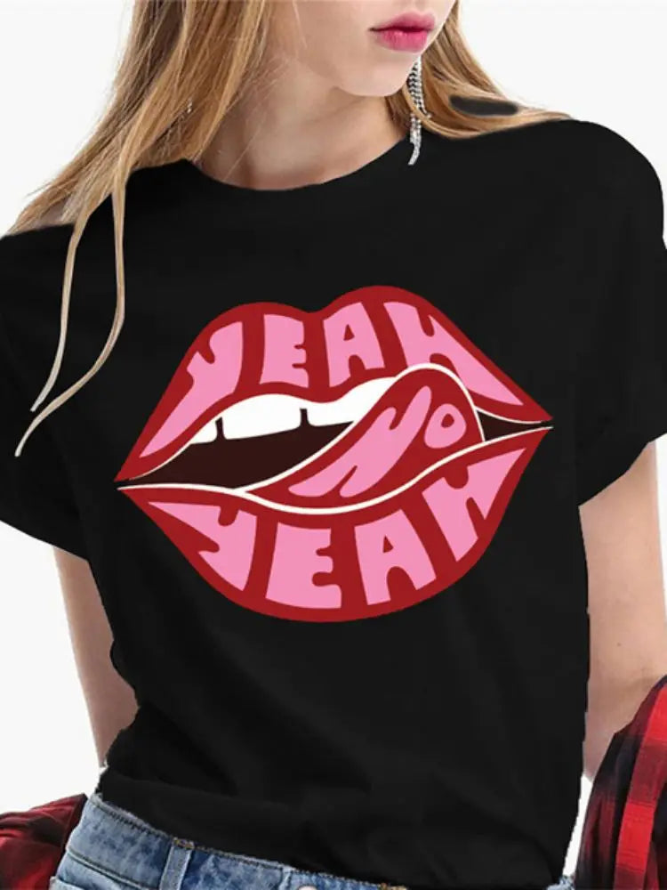 Fashion Sexy Red Lip Women T Shirt Funny Kiss Lips Print Ladies T-shirt Casual Basis O-collar Short Sleeves Female Tops Tees