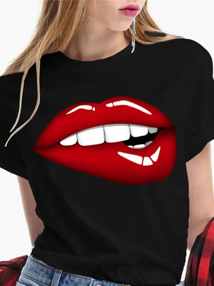 Fashion Sexy Red Lip Women T Shirt Funny Kiss Lips Print Ladies T-shirt Casual Basis O-collar Short Sleeves Female Tops Tees