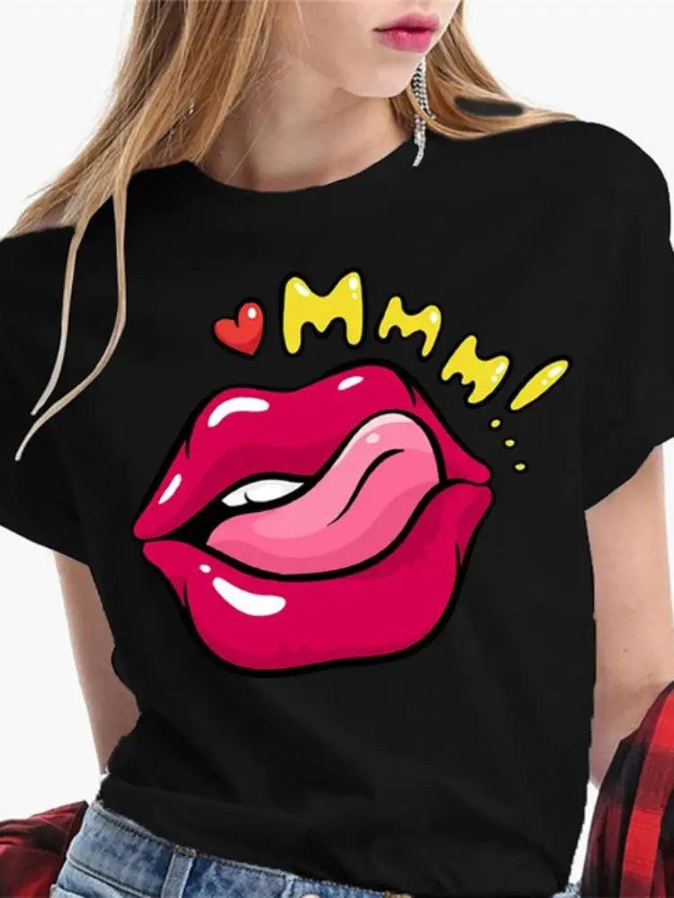 Fashion Sexy Red Lip Women T Shirt Funny Kiss Lips Print Ladies T-shirt Casual Basis O-collar Short Sleeves Female Tops Tees