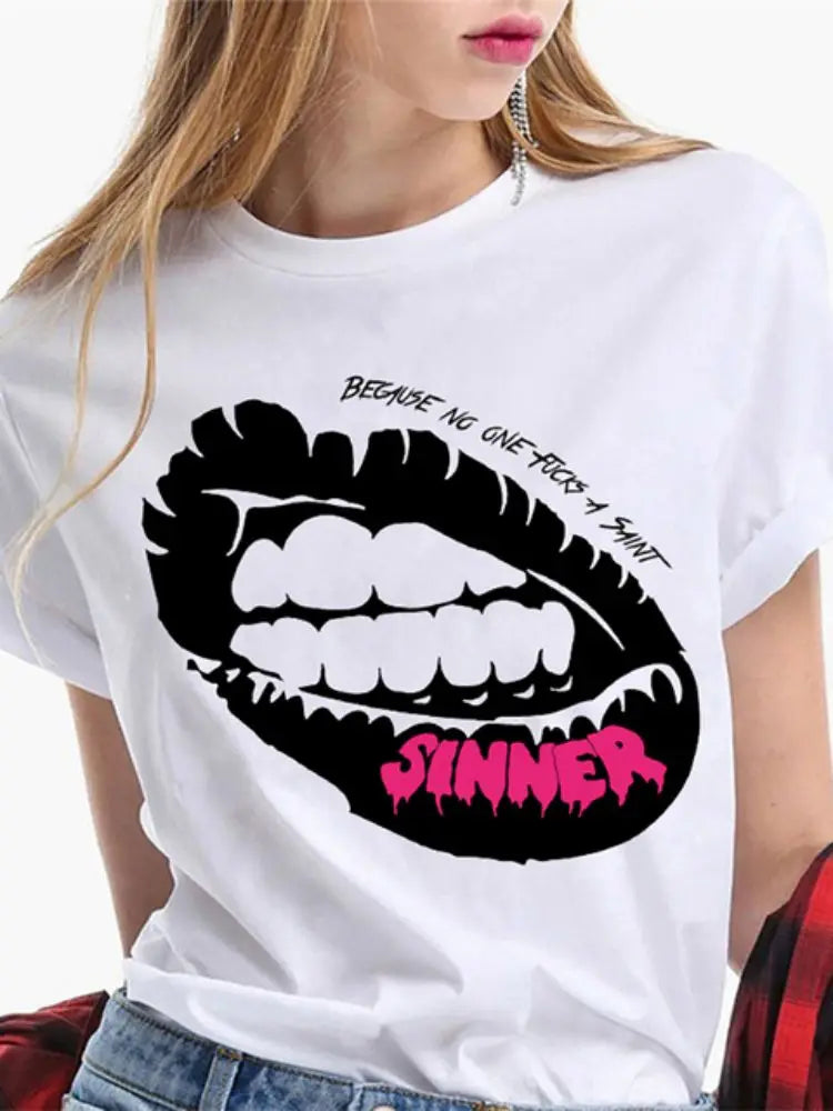 Fashion Sexy Red Lip Women T Shirt Funny Kiss Lips Print Ladies T-shirt Casual Basis O-collar Short Sleeves Female Tops Tees