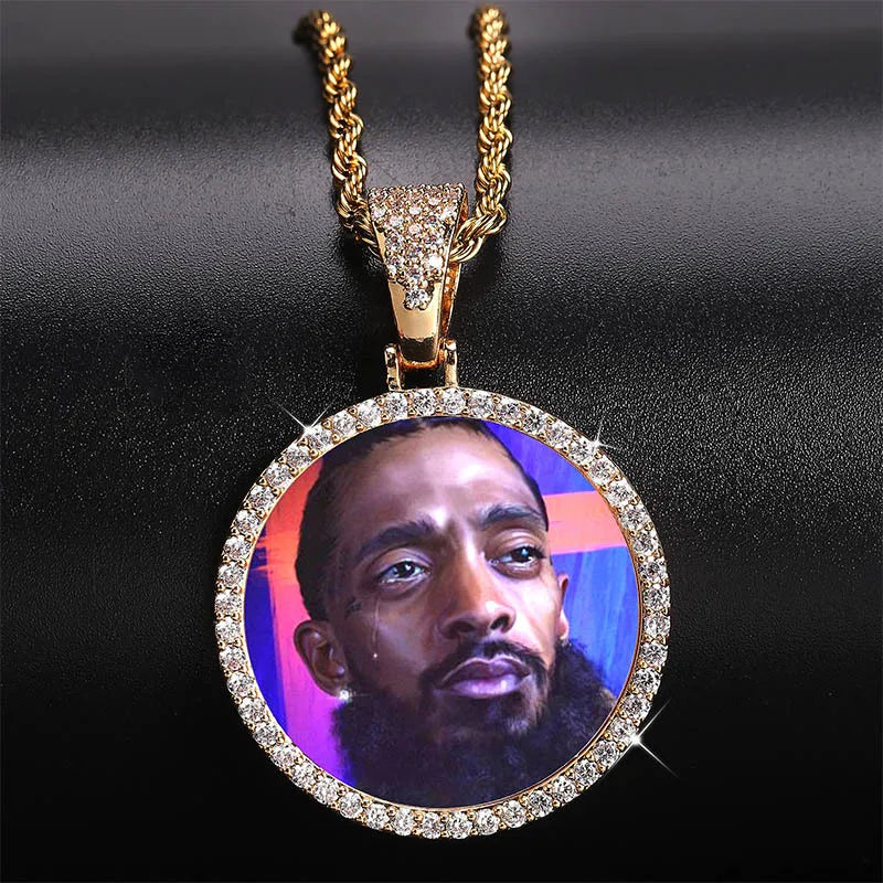Ice Out DIY Photo Memory Medallions Pendant Necklaces Hip Hop Sublimation Cubic Zircon Round Pictures Charms Unisex Mens Jewelry