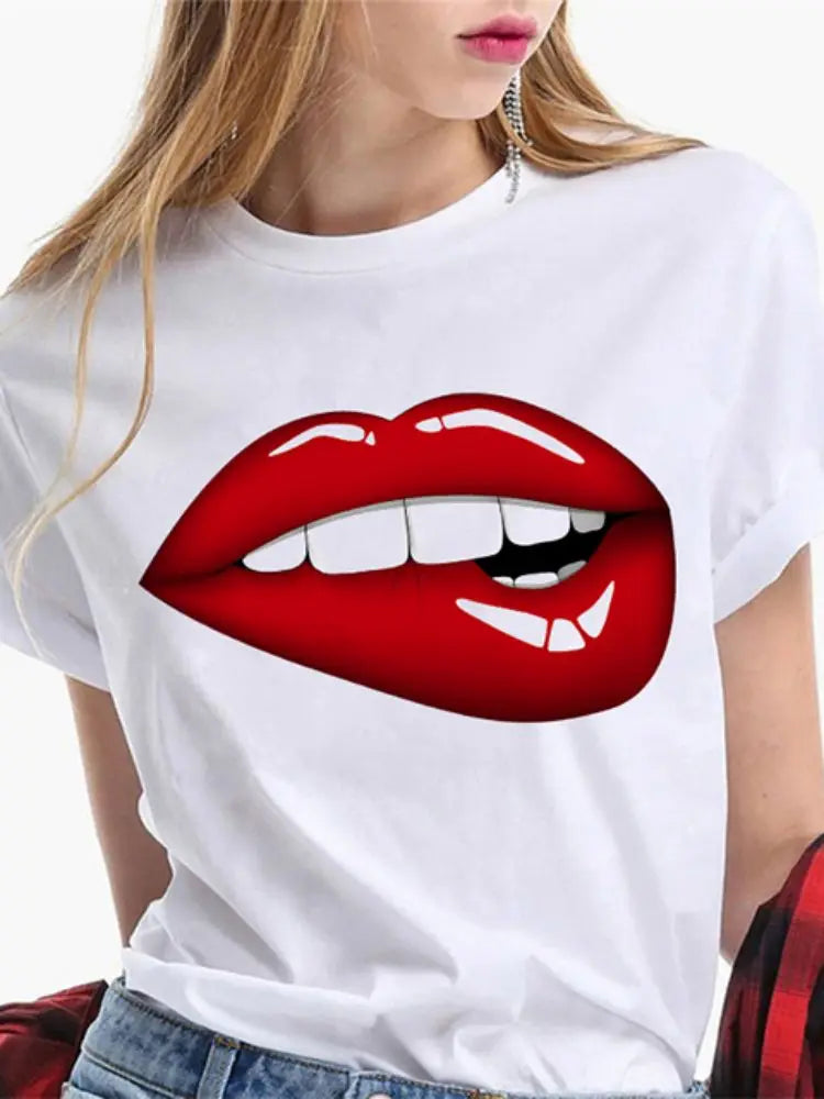 Fashion Sexy Red Lip Women T Shirt Funny Kiss Lips Print Ladies T-shirt Casual Basis O-collar Short Sleeves Female Tops Tees