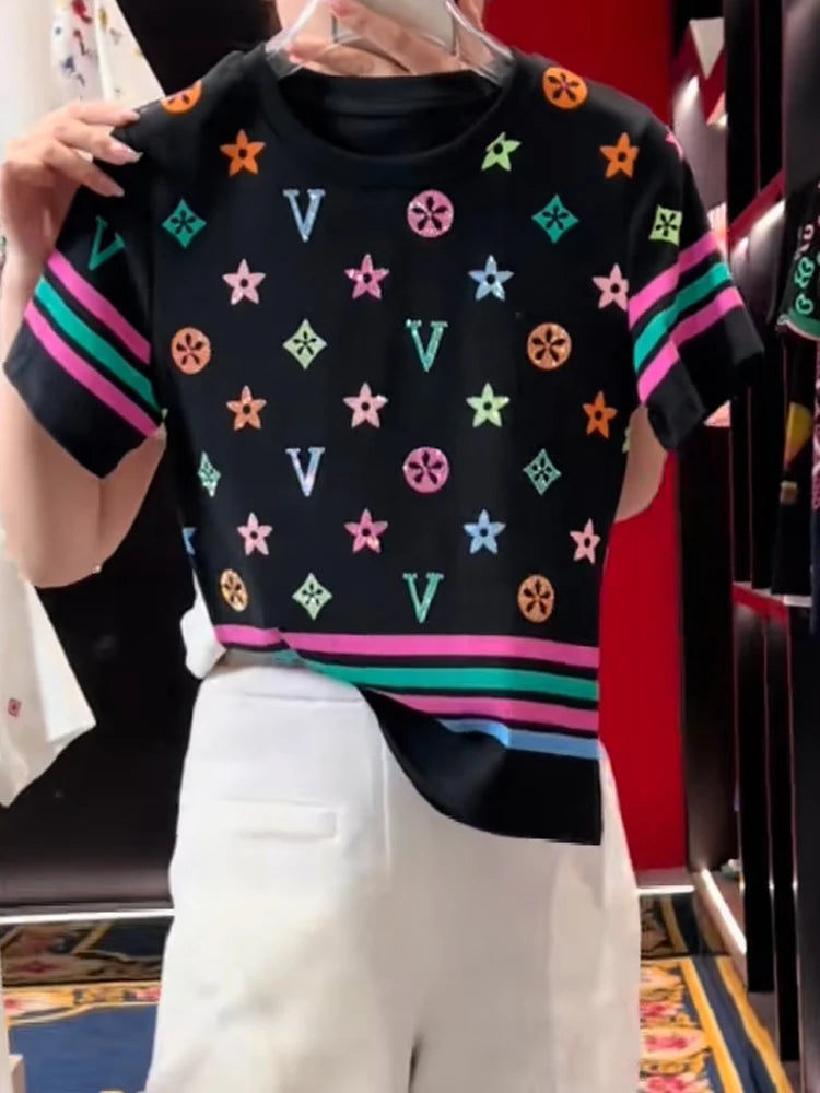American retro rhinestone colored printed striped short sleeved T-shirt for women, summer 2025 new fashionable versatile top