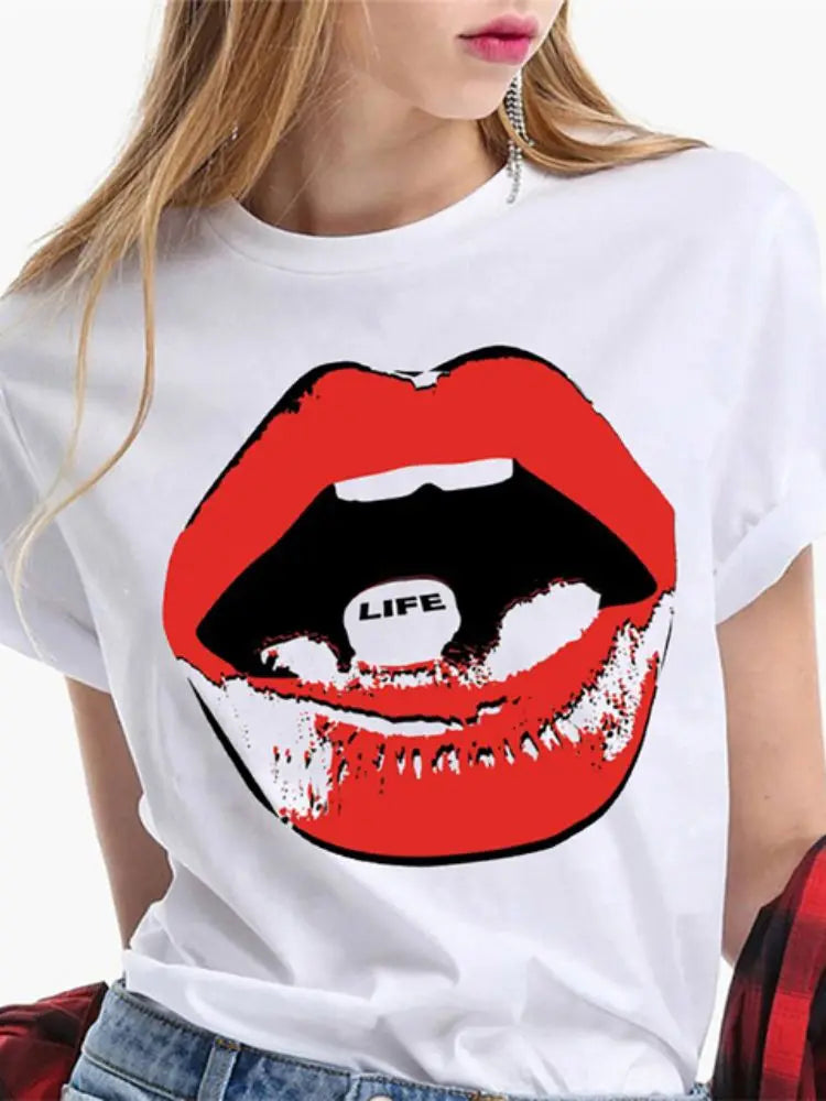 Fashion Sexy Red Lip Women T Shirt Funny Kiss Lips Print Ladies T-shirt Casual Basis O-collar Short Sleeves Female Tops Tees