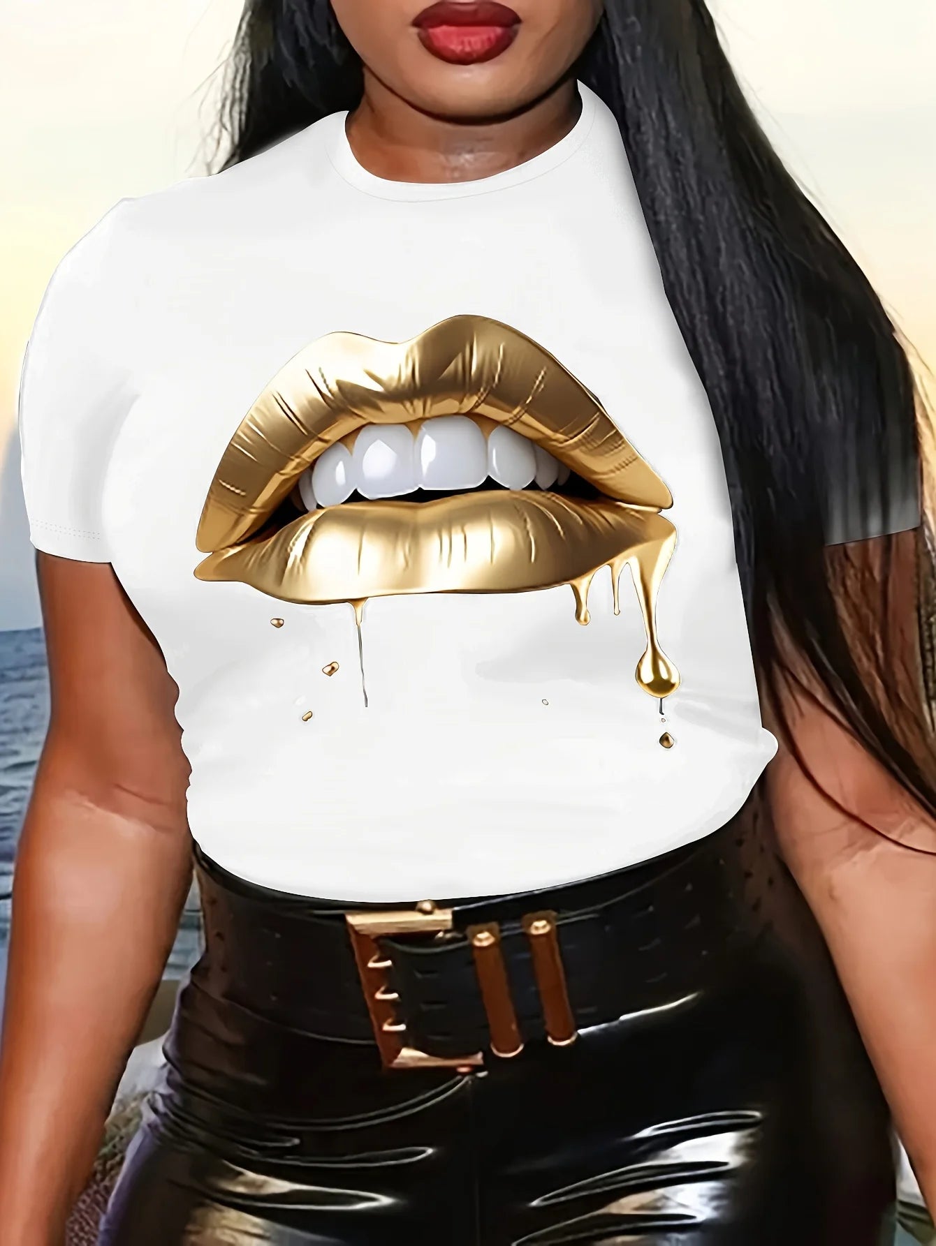 Lips Print Crew Neck T-Shirt, Casual Short Sleeve T-Shirt For Spring & Summer, Women's Clothing