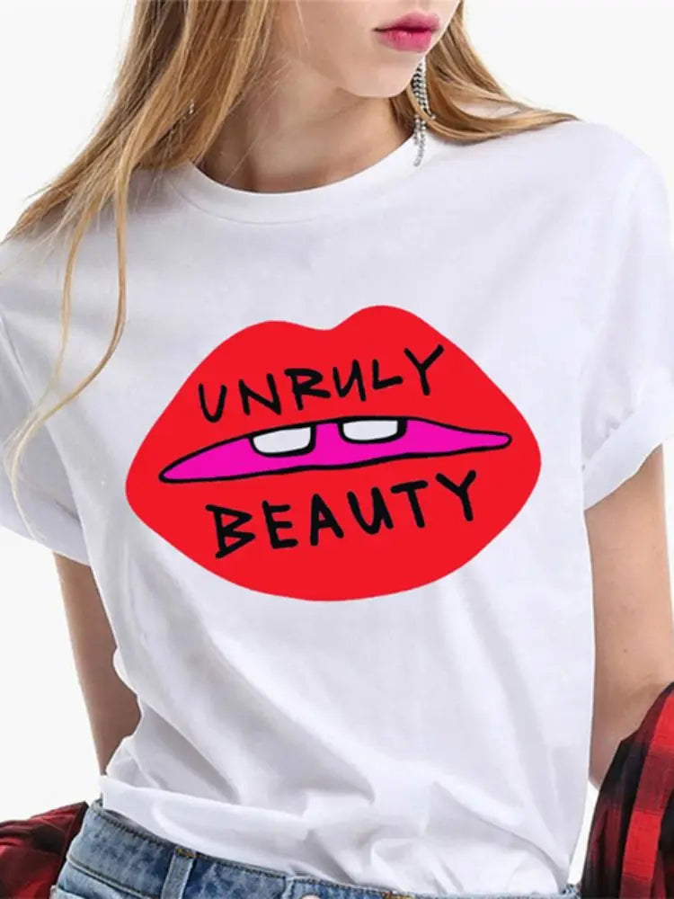 Fashion Sexy Red Lip Women T Shirt Funny Kiss Lips Print Ladies T-shirt Casual Basis O-collar Short Sleeves Female Tops Tees