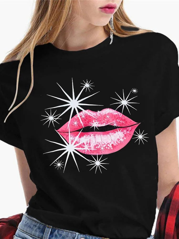 Fashion Sexy Red Lip Women T Shirt Funny Kiss Lips Print Ladies T-shirt Casual Basis O-collar Short Sleeves Female Tops Tees