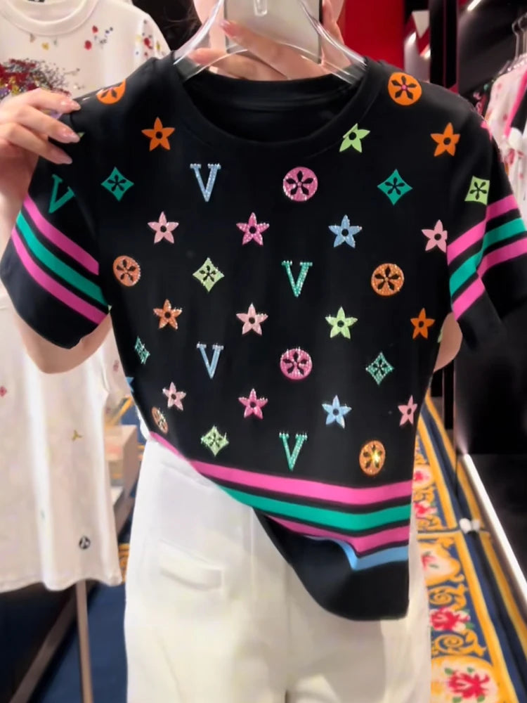 American retro rhinestone colored printed striped short sleeved T-shirt for women, summer 2025 new fashionable versatile top