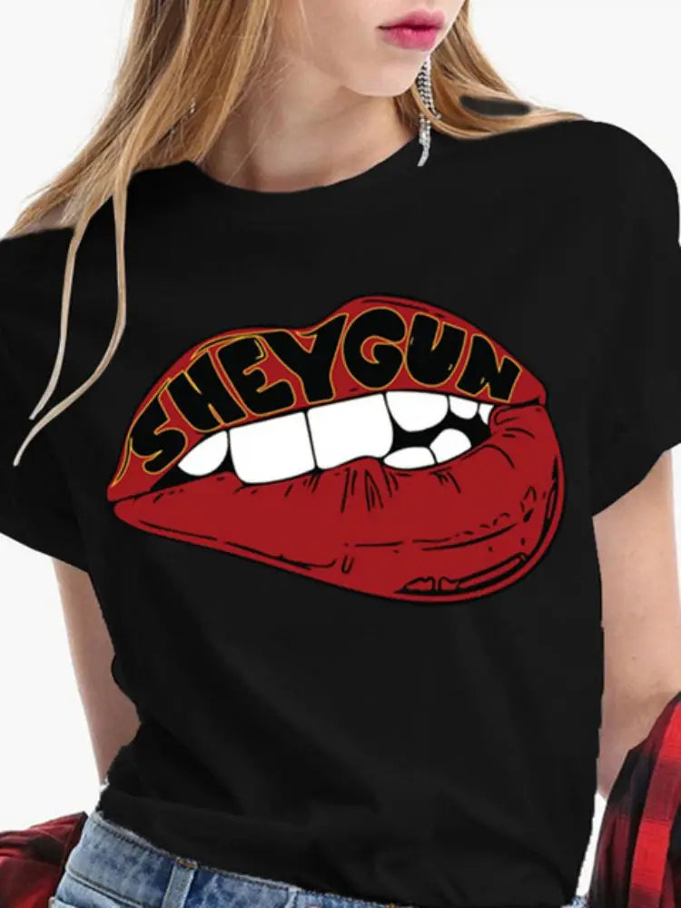 Fashion Sexy Red Lip Women T Shirt Funny Kiss Lips Print Ladies T-shirt Casual Basis O-collar Short Sleeves Female Tops Tees