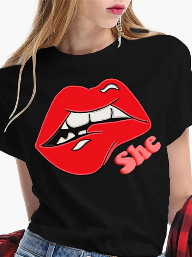 Fashion Sexy Red Lip Women T Shirt Funny Kiss Lips Print Ladies T-shirt Casual Basis O-collar Short Sleeves Female Tops Tees