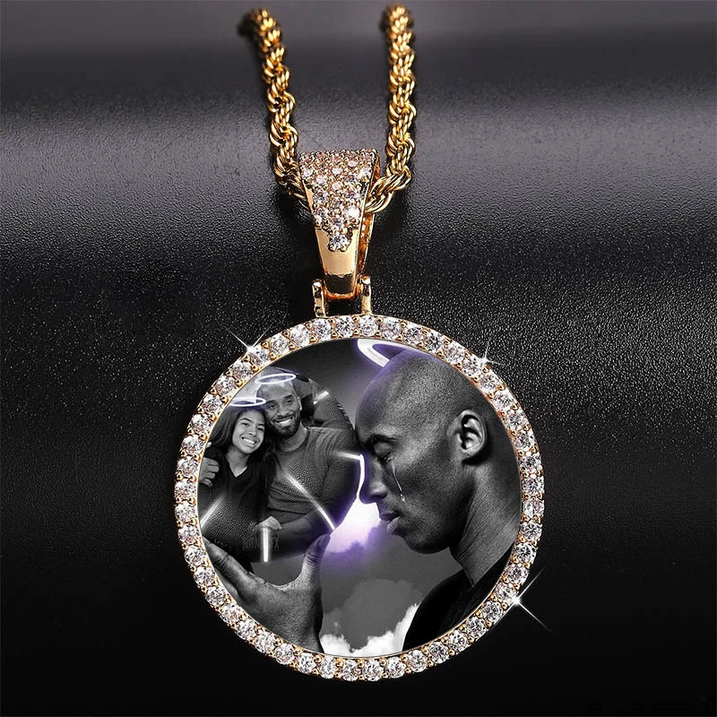 Ice Out DIY Photo Memory Medallions Pendant Necklaces Hip Hop Sublimation Cubic Zircon Round Pictures Charms Unisex Mens Jewelry