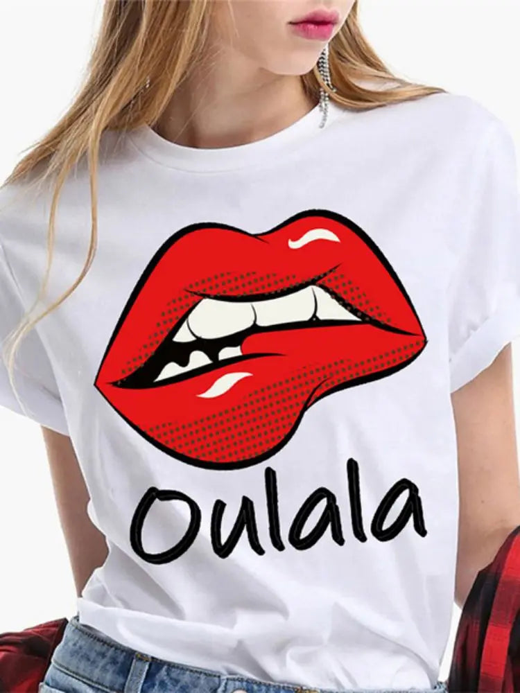 Fashion Sexy Red Lip Women T Shirt Funny Kiss Lips Print Ladies T-shirt Casual Basis O-collar Short Sleeves Female Tops Tees