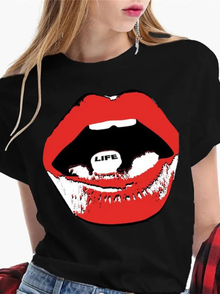 Fashion Sexy Red Lip Women T Shirt Funny Kiss Lips Print Ladies T-shirt Casual Basis O-collar Short Sleeves Female Tops Tees