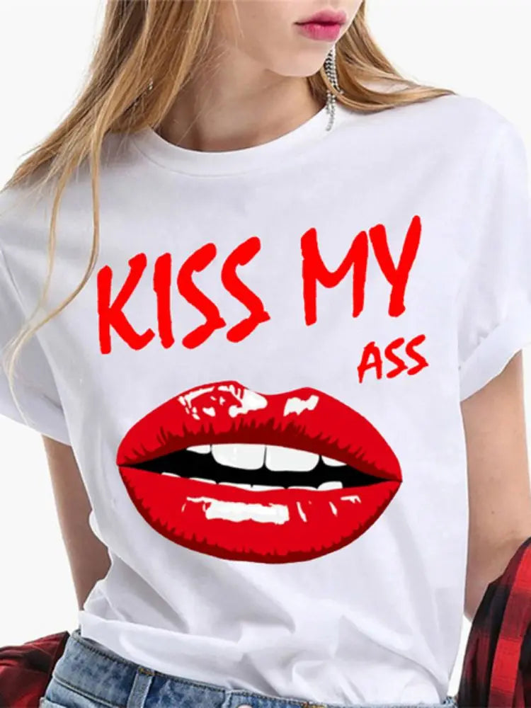 Fashion Sexy Red Lip Women T Shirt Funny Kiss Lips Print Ladies T-shirt Casual Basis O-collar Short Sleeves Female Tops Tees