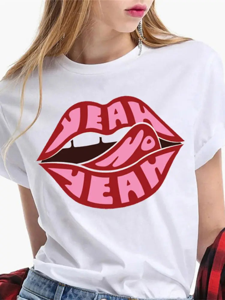 Fashion Sexy Red Lip Women T Shirt Funny Kiss Lips Print Ladies T-shirt Casual Basis O-collar Short Sleeves Female Tops Tees