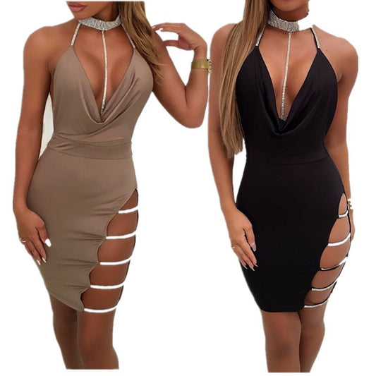 2022 European and American sexy sling jumpsuit hip skirt side slit hot rhinestone low-cut halter tight nightclub skirt in stock