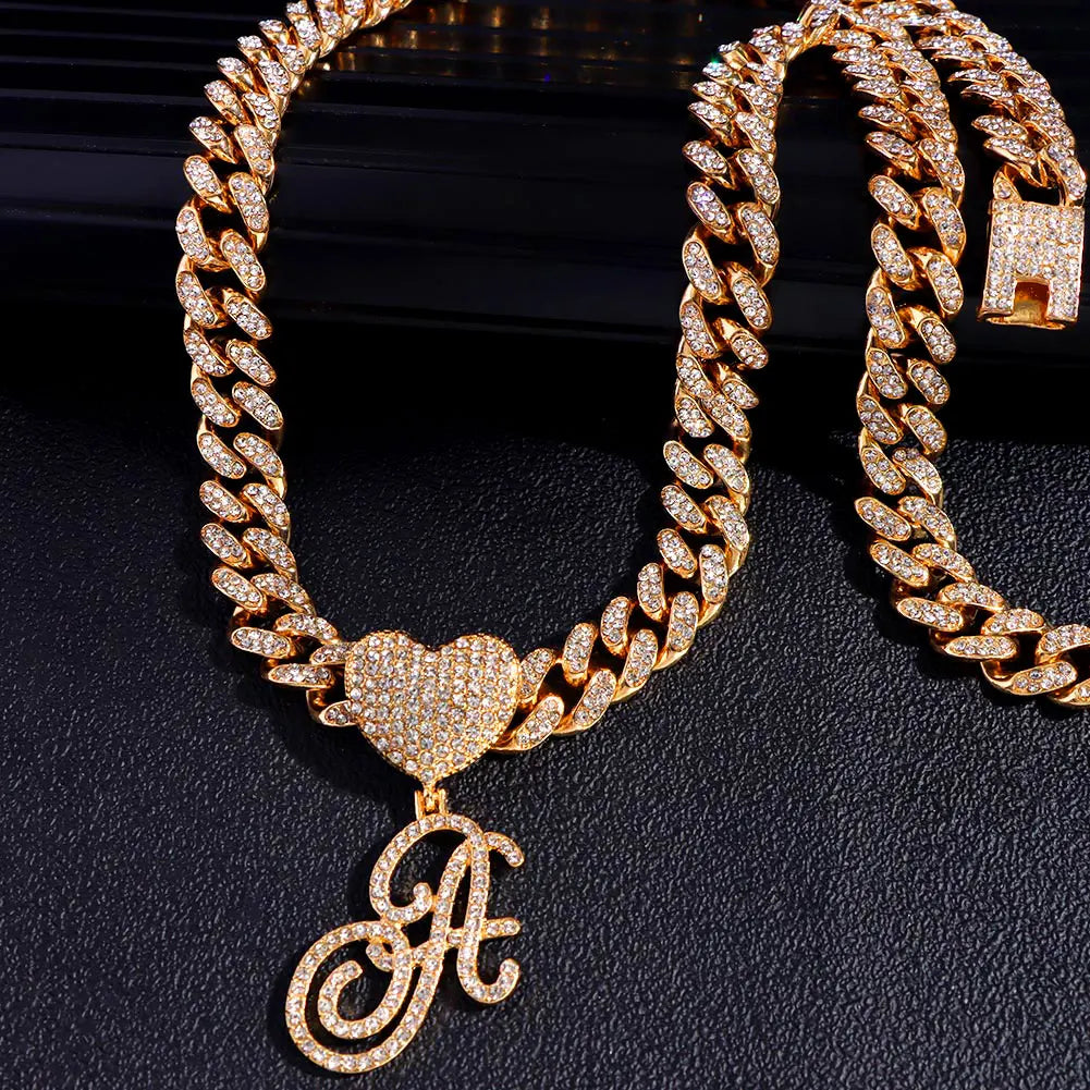 New A-Z Cursive Letter Heart Pendant Iced Out Cuban Necklace For Women Initial Zircon Link Chain Necklace Choker Hip hop Jewelry