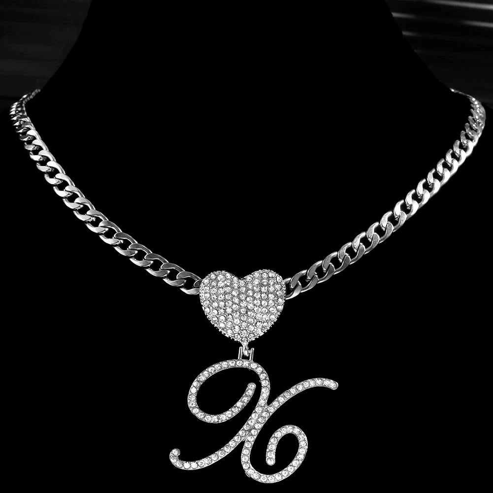 New A-Z Cursive Letter Heart Pendant Iced Out Cuban Necklace For Women Initial Zircon Link Chain Necklace Choker Hip hop Jewelry
