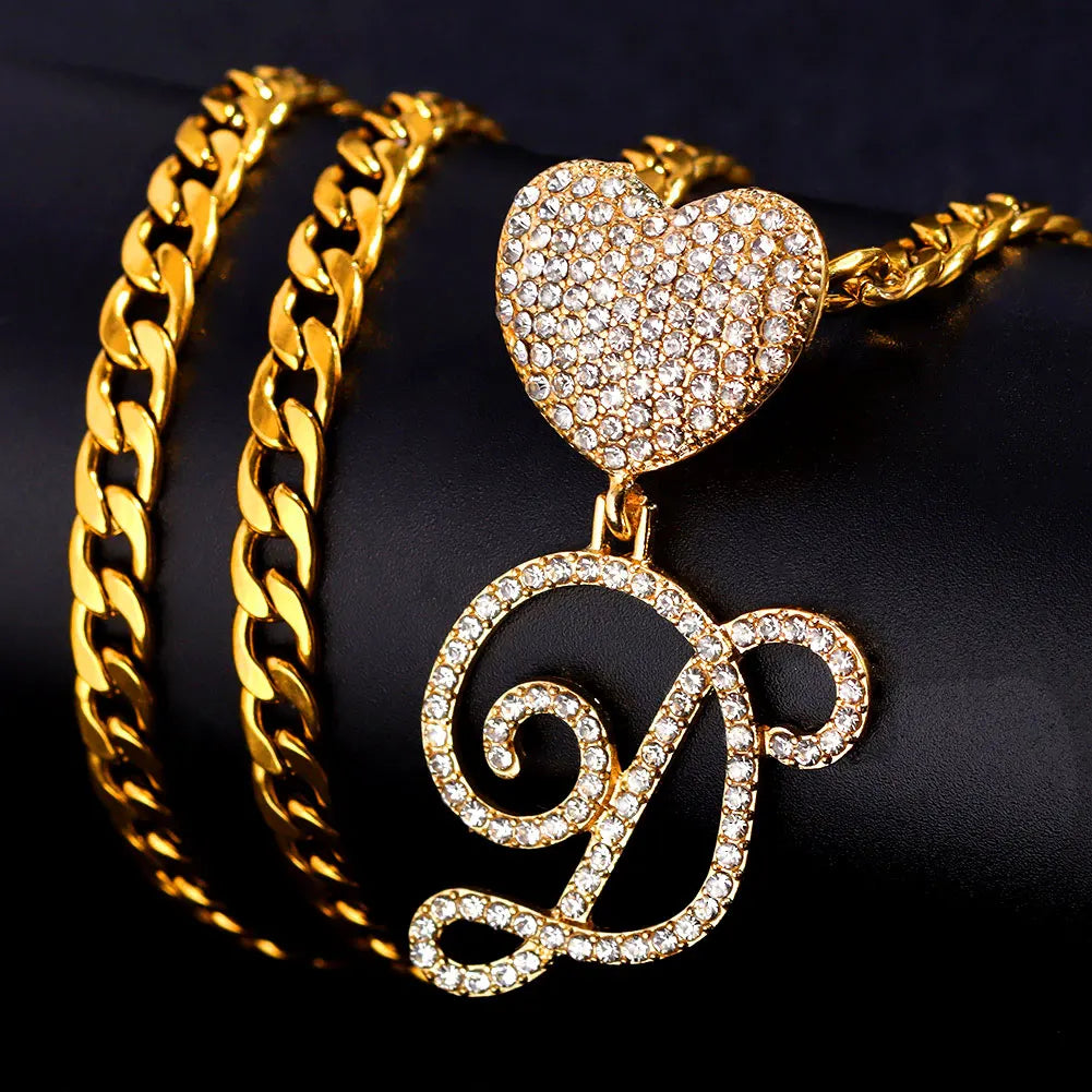 New A-Z Cursive Letter Heart Pendant Iced Out Cuban Necklace For Women Initial Zircon Link Chain Necklace Choker Hip hop Jewelry