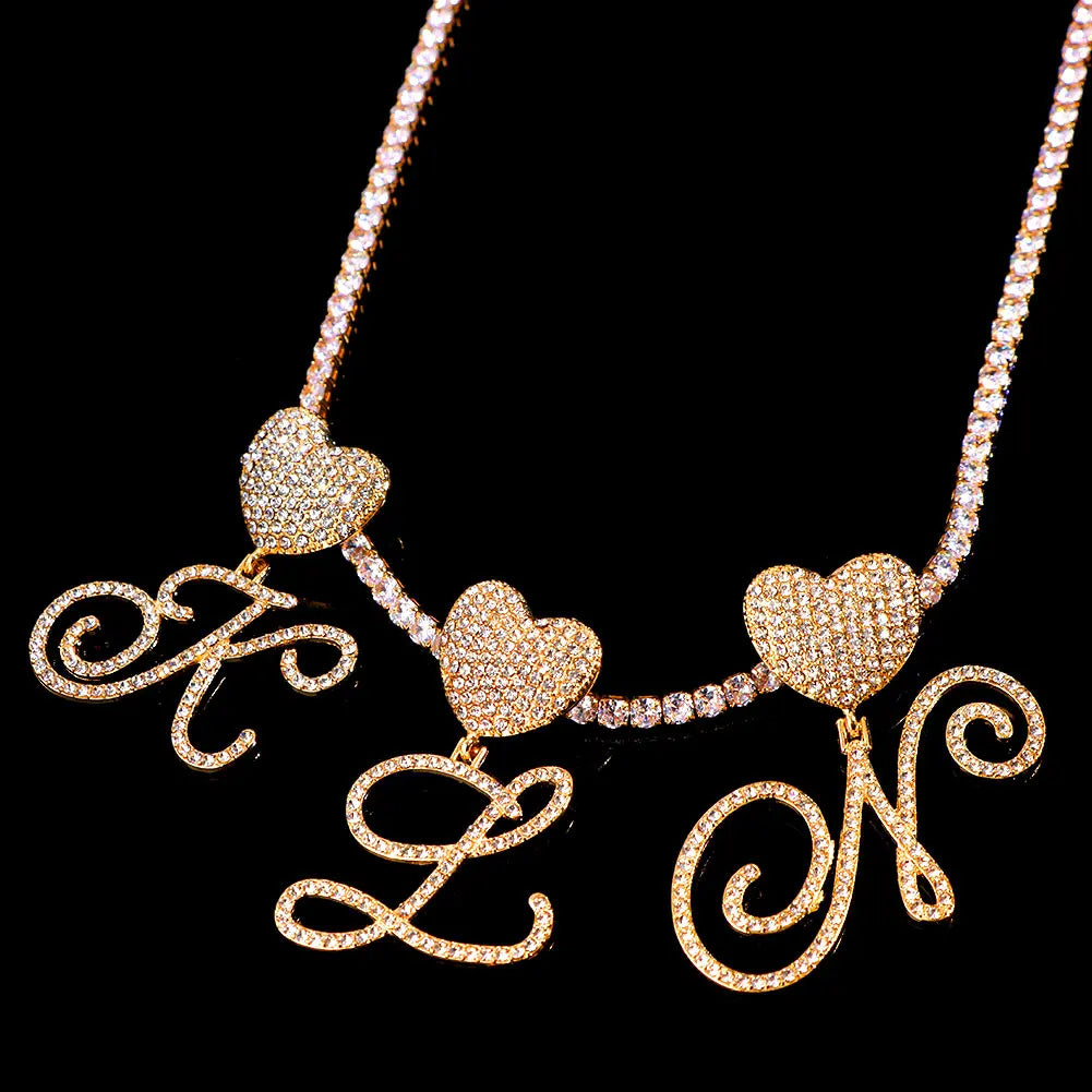 New A-Z Cursive Letter Heart Pendant Iced Out Cuban Necklace For Women Initial Zircon Link Chain Necklace Choker Hip hop Jewelry