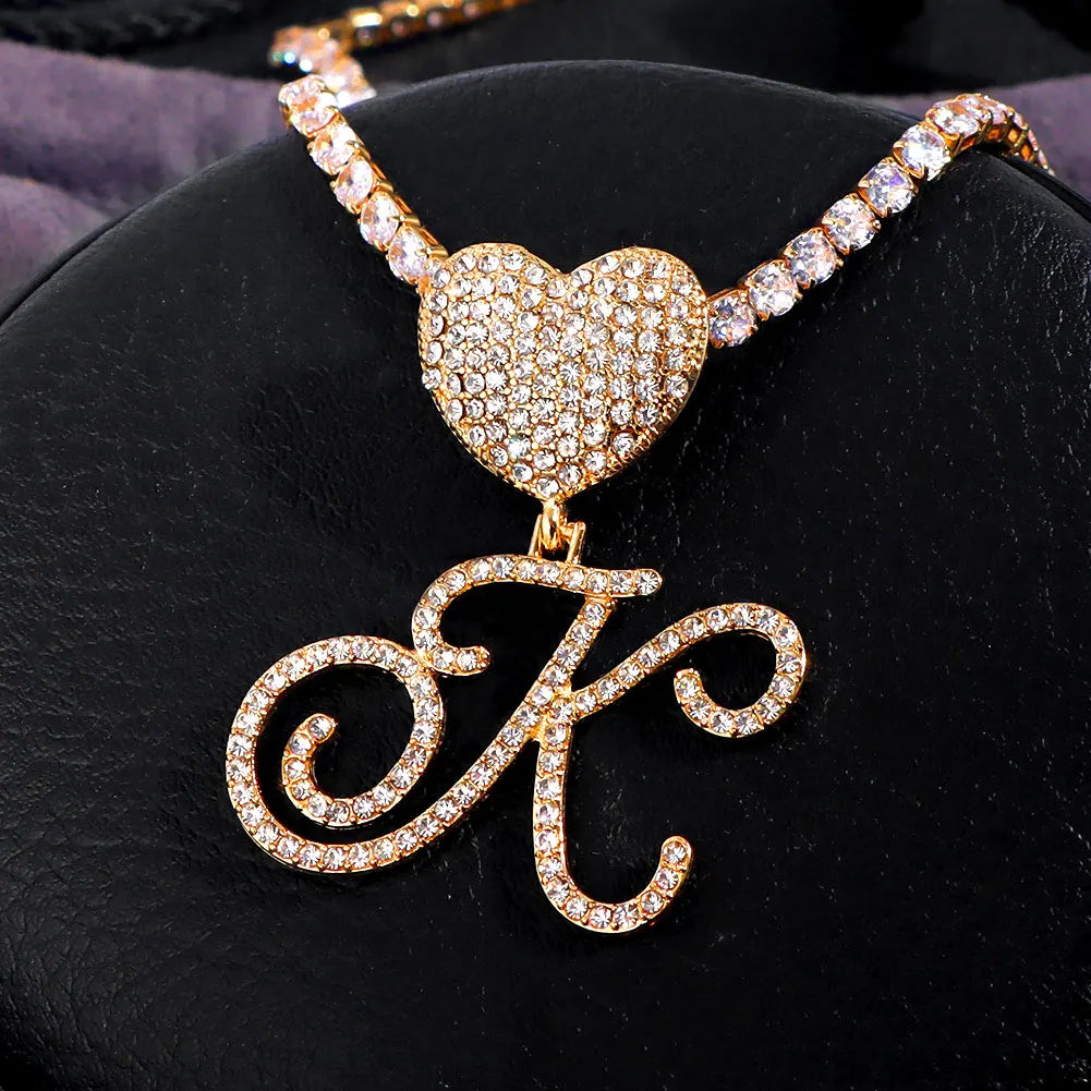 New A-Z Cursive Letter Heart Pendant Iced Out Cuban Necklace For Women Initial Zircon Link Chain Necklace Choker Hip hop Jewelry