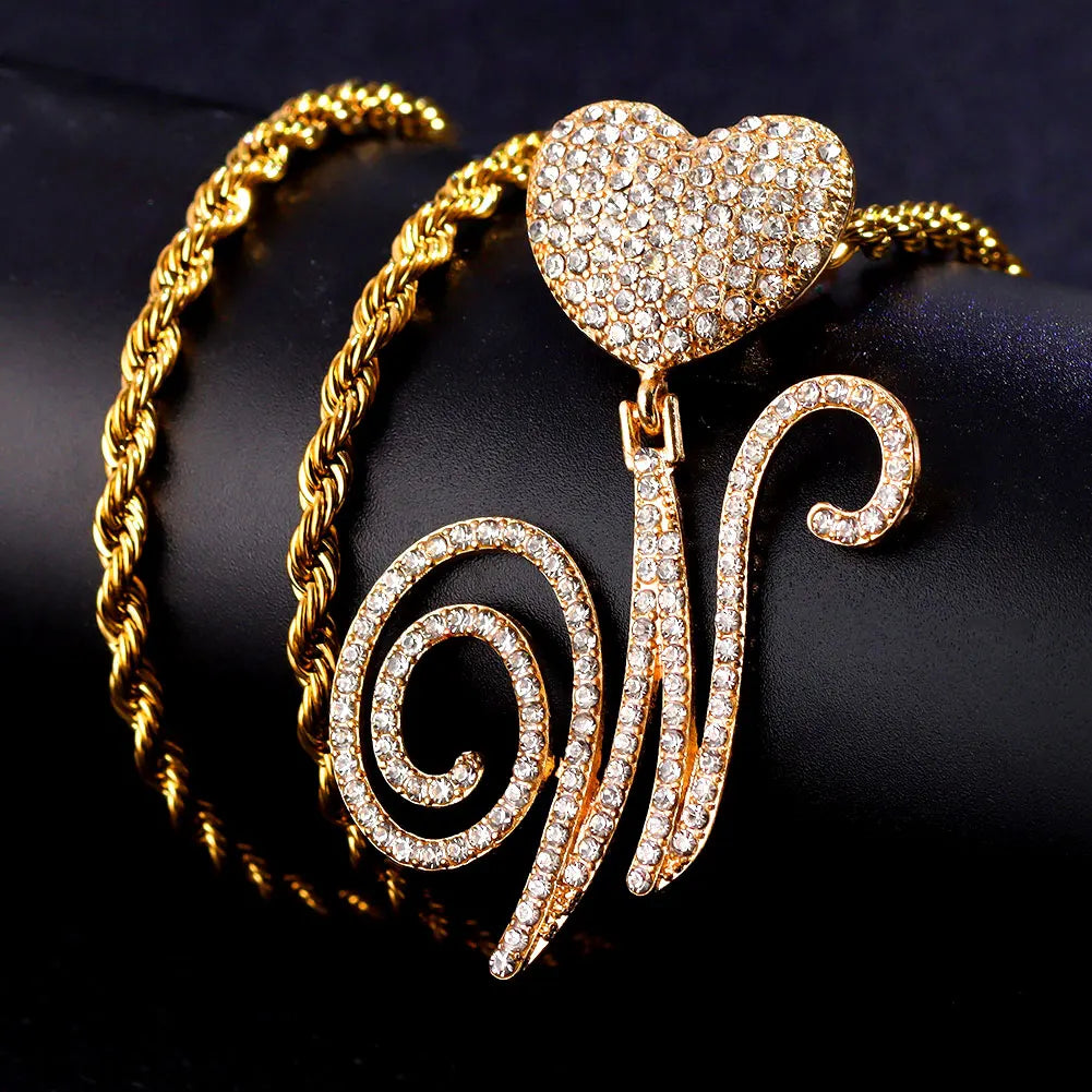 New A-Z Cursive Letter Heart Pendant Iced Out Cuban Necklace For Women Initial Zircon Link Chain Necklace Choker Hip hop Jewelry