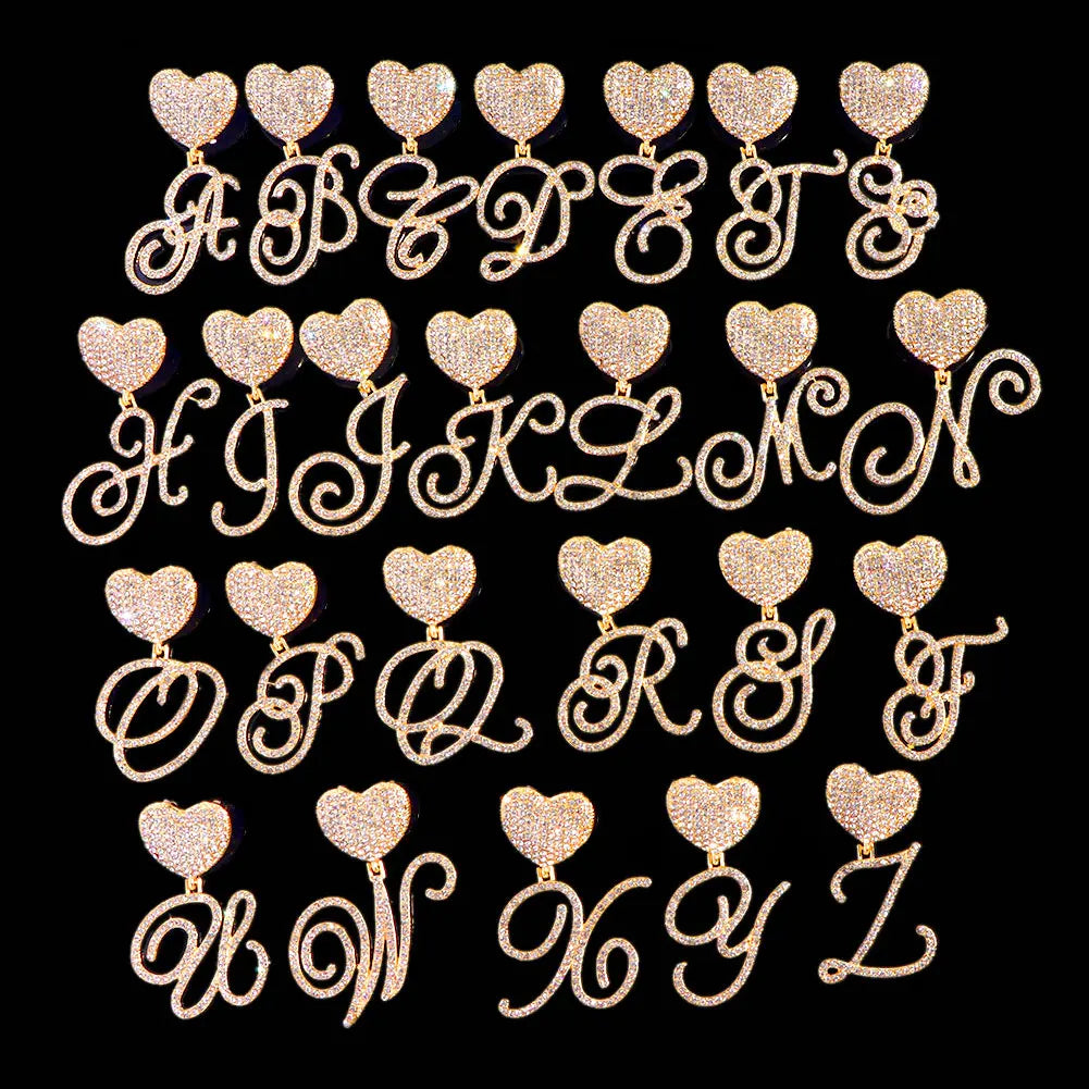 New A-Z Cursive Letter Heart Pendant Iced Out Cuban Necklace For Women Initial Zircon Link Chain Necklace Choker Hip hop Jewelry