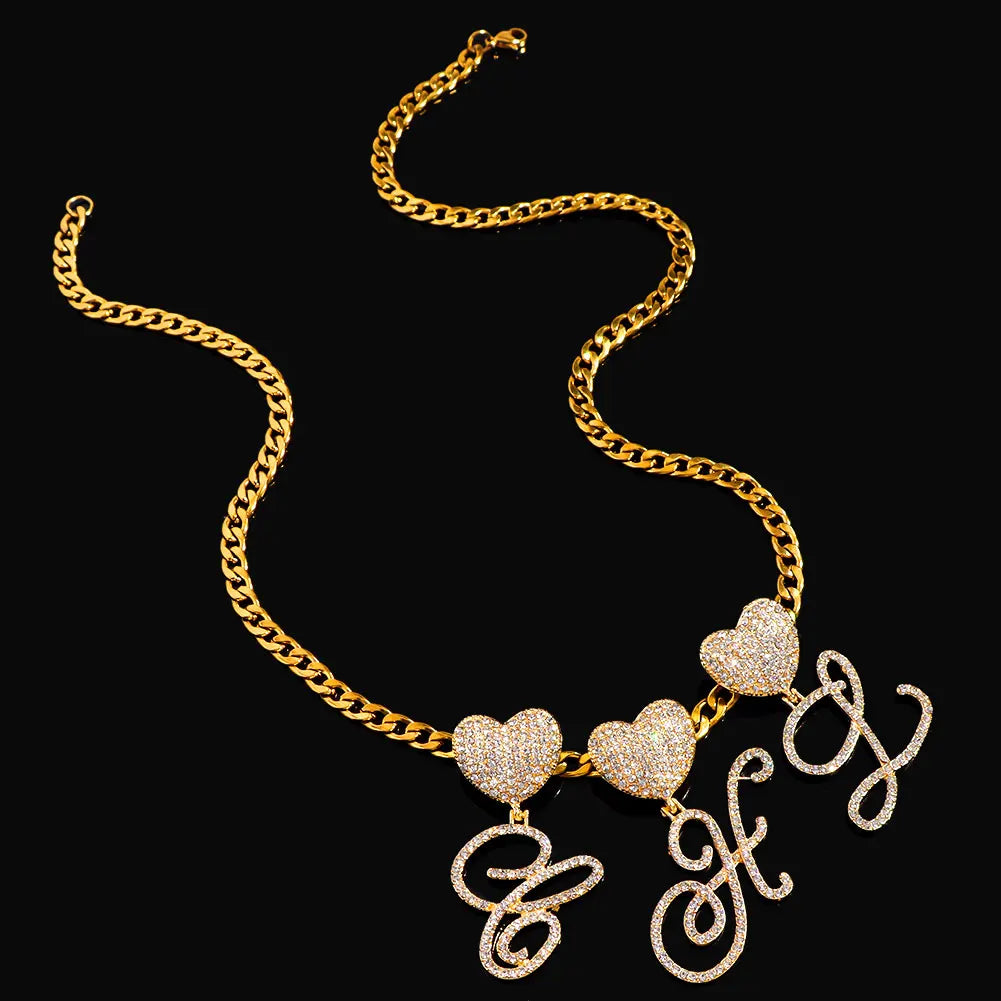 New A-Z Cursive Letter Heart Pendant Iced Out Cuban Necklace For Women Initial Zircon Link Chain Necklace Choker Hip hop Jewelry