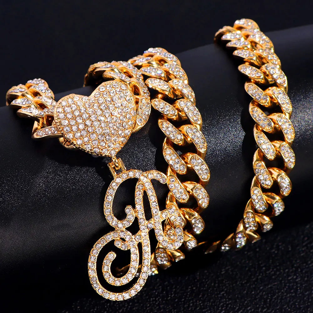 New A-Z Cursive Letter Heart Pendant Iced Out Cuban Necklace For Women Initial Zircon Link Chain Necklace Choker Hip hop Jewelry