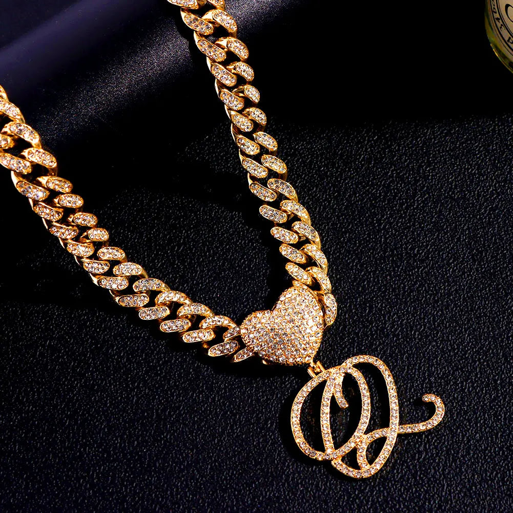 New A-Z Cursive Letter Heart Pendant Iced Out Cuban Necklace For Women Initial Zircon Link Chain Necklace Choker Hip hop Jewelry