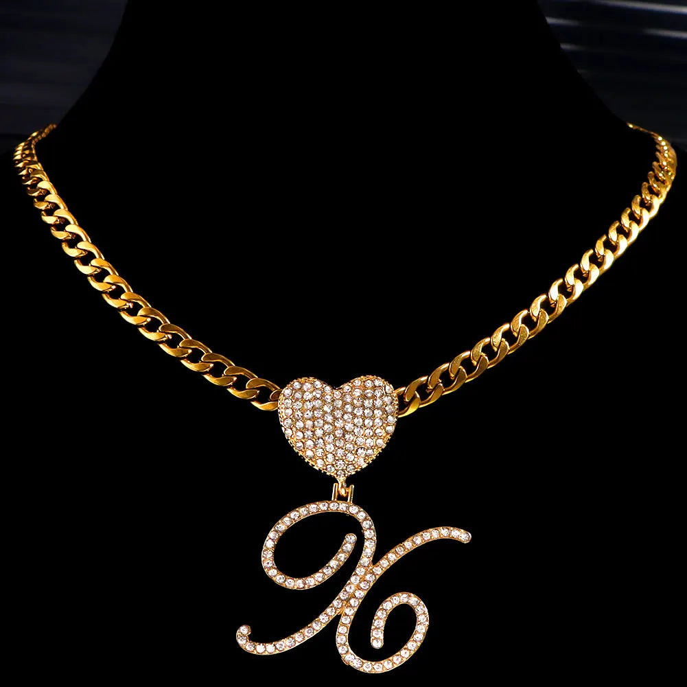 New A-Z Cursive Letter Heart Pendant Iced Out Cuban Necklace For Women Initial Zircon Link Chain Necklace Choker Hip hop Jewelry
