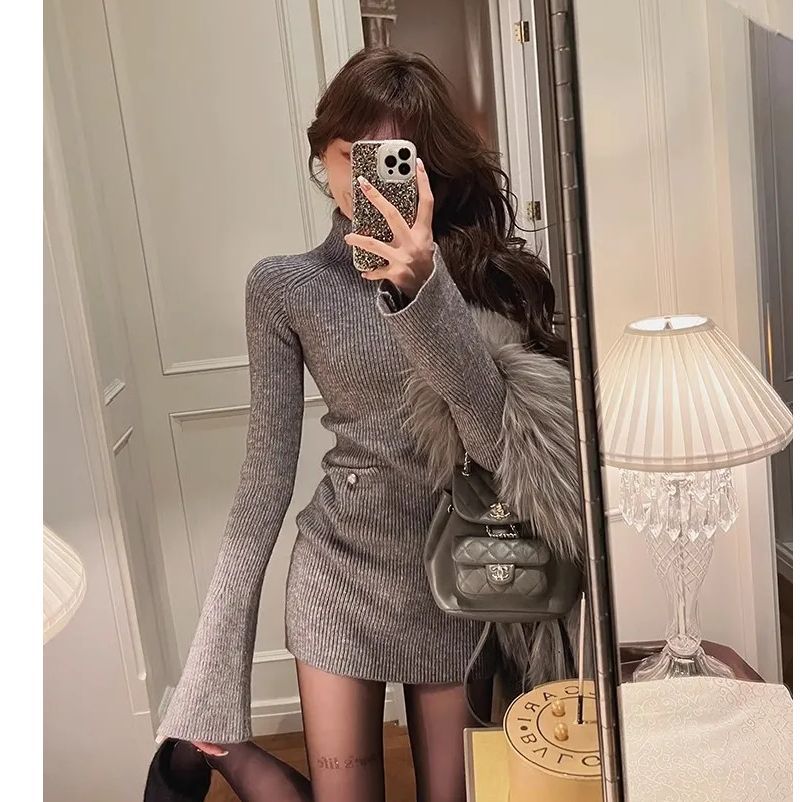 Fashion High Neck Knitted dress Children Autumn and Winter 2024 New High-end Sense Small Inner Base Hip Skirt