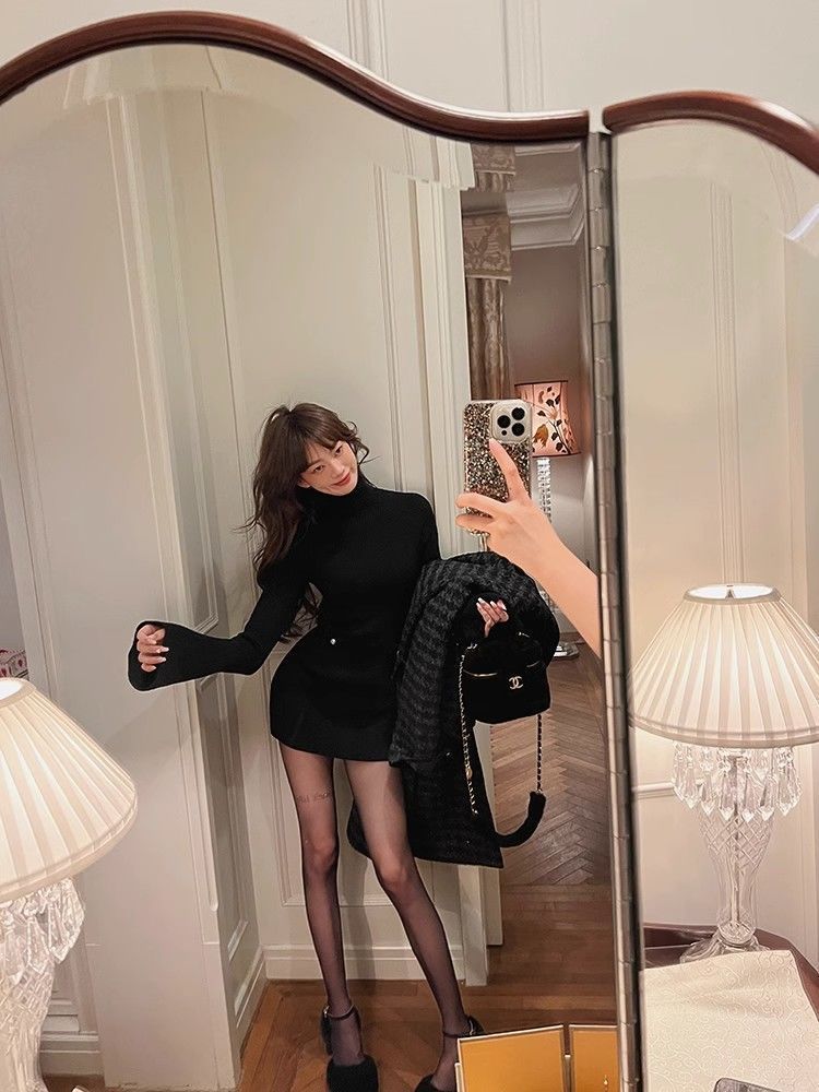 Fashion High Neck Knitted dress Children Autumn and Winter 2024 New High-end Sense Small Inner Base Hip Skirt